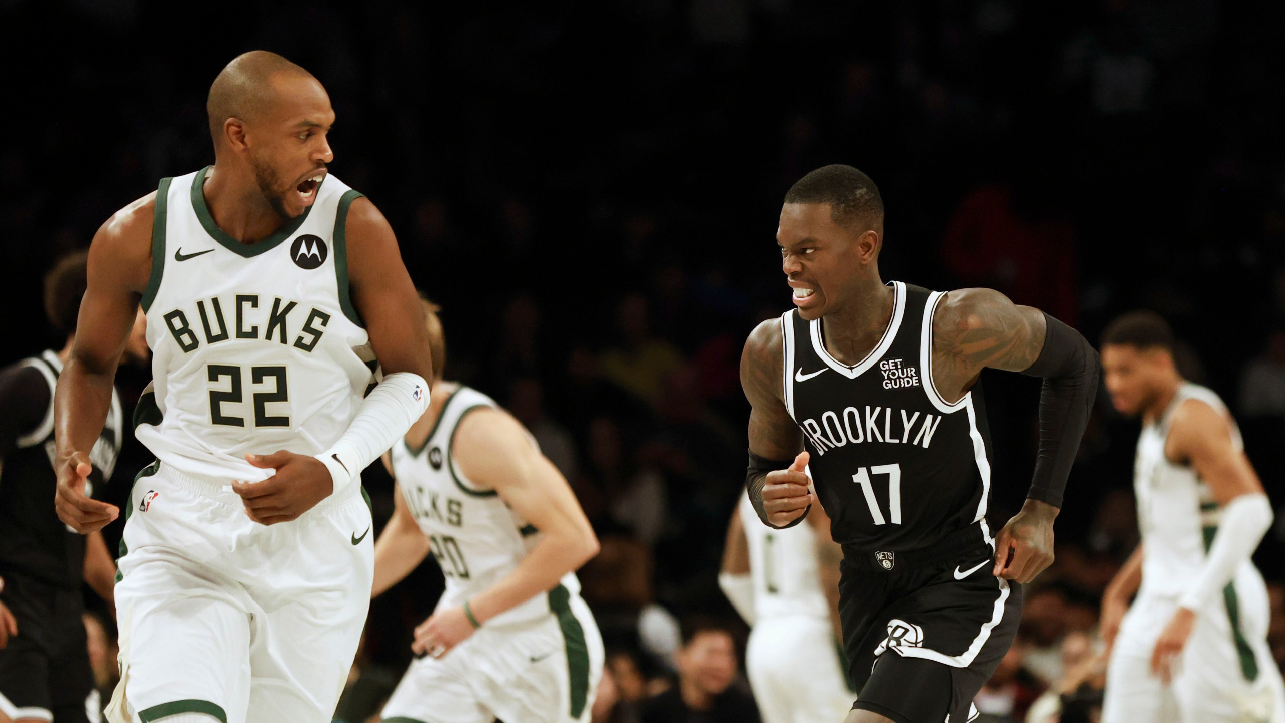 Brooklyn Nets' Dennis Schroder reacts after scoring during the first half of an NBA basketball game against the Milwaukee Bucks, Sunday, Dec. 8, 2024, in New York. (AP Photo/Heather Khalifa)