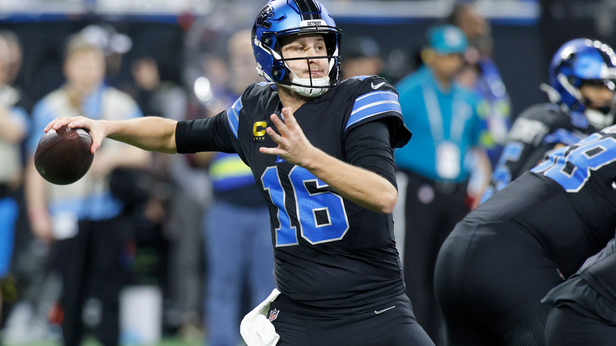 Detroit Lions quarterback Jared Goff (16) passes against the Buffalo Bills during the first half of an NFL football game, Sunday, Dec. 15, 2024, in Detroit. (AP Photo/Duane Burleson)