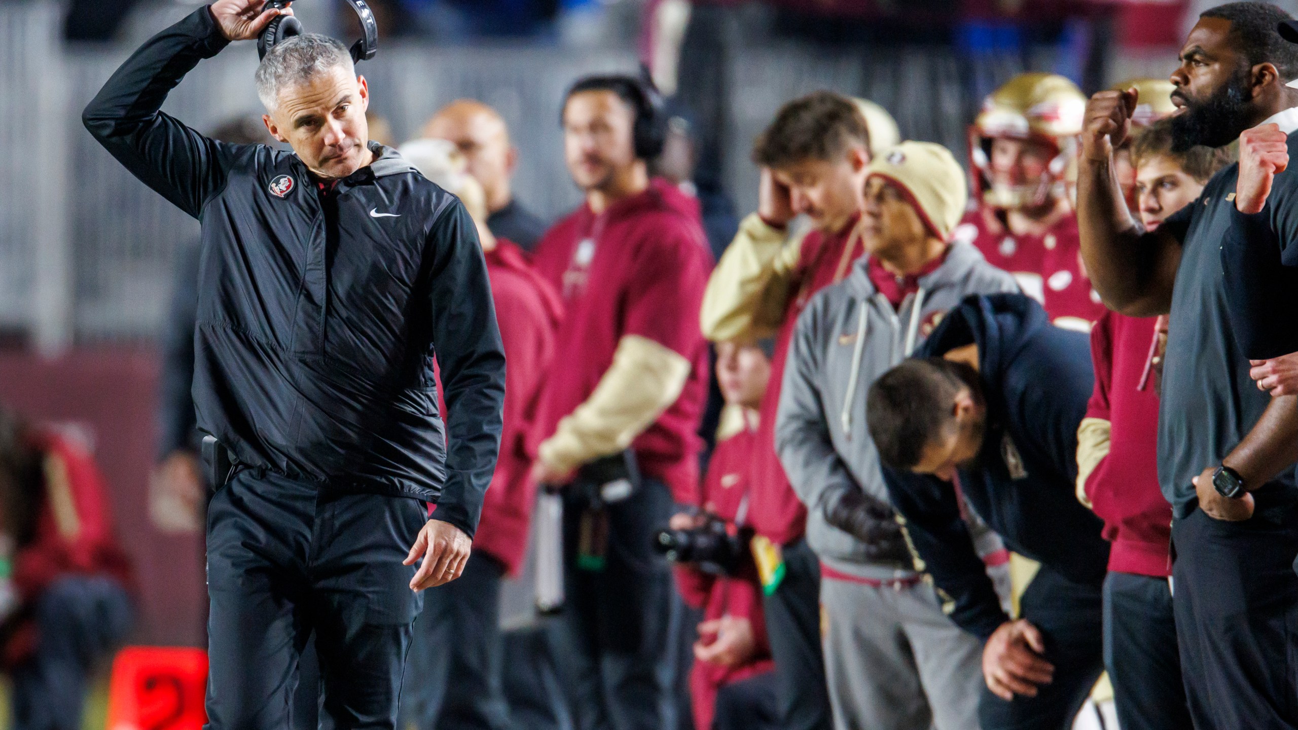 Florida State head coach Mike Norvell reacts to his team's play against Florida late in the second half of an NCAA college football game Saturday, Nov. 30, 2024, in Tallahassee, Fla. (AP Photo/Colin Hackley)