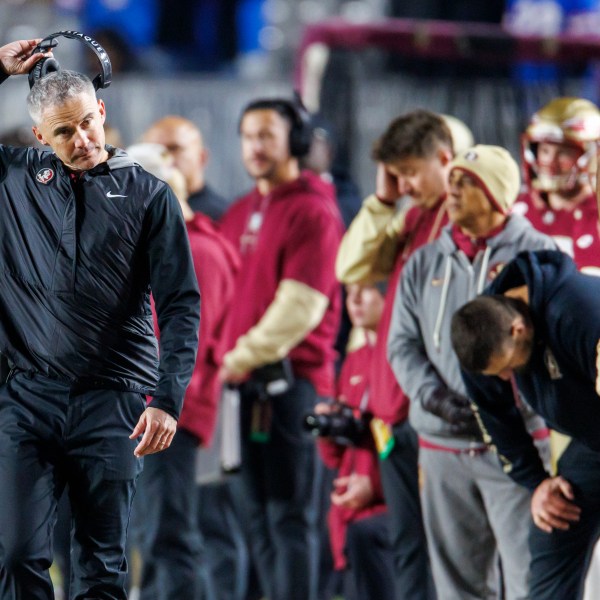 Florida State head coach Mike Norvell reacts to his team's play against Florida late in the second half of an NCAA college football game Saturday, Nov. 30, 2024, in Tallahassee, Fla. (AP Photo/Colin Hackley)