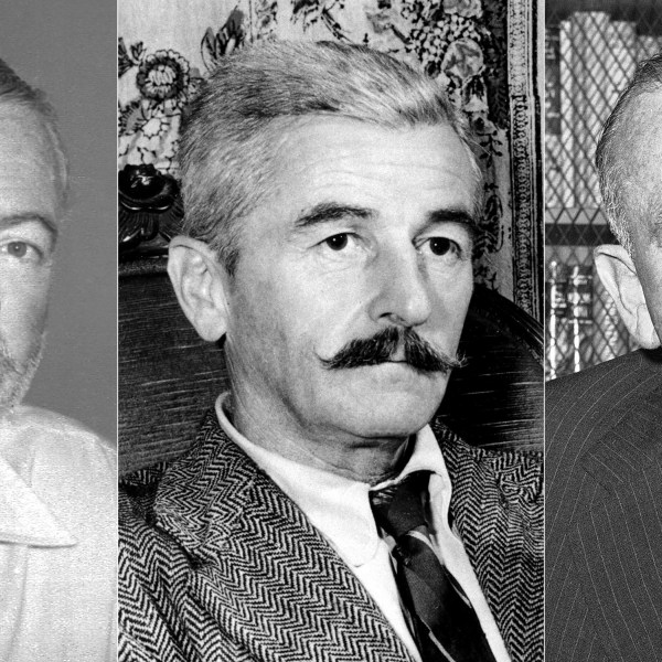 This combination of photos show authors Ernest Hemingway in 1950, left, William Faulkner in 1950, center, and John Steinbeck in 1962. (AP Photo)