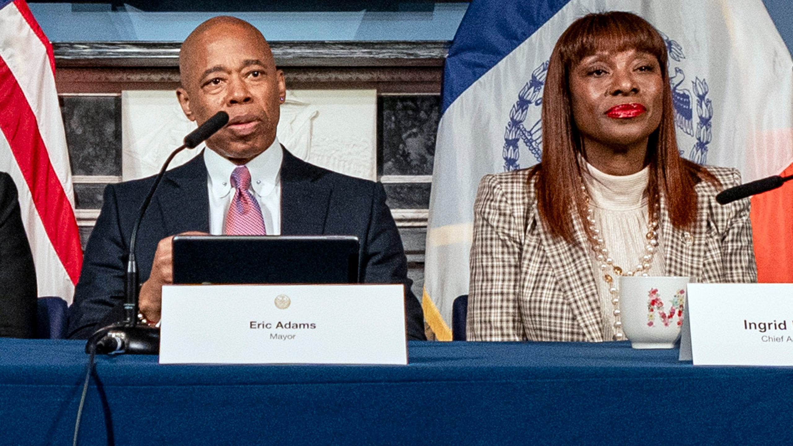 FILE — New York Mayor Eric Adams, and chief advisor to the mayor Ingrid Lewis-Martin, attend a press conference at City Hall, in New York, Tuesday, Dec. 12, 2023. (AP Photo/Peter K. Afriyie, File)