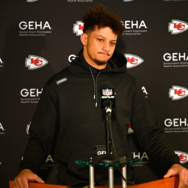 Kansas City Chiefs quarterback Patrick Mahomes speaks at a news conference after an NFL football game against the Cleveland Browns in Cleveland, Sunday, Dec. 15, 2024. (AP Photo/David Richard)