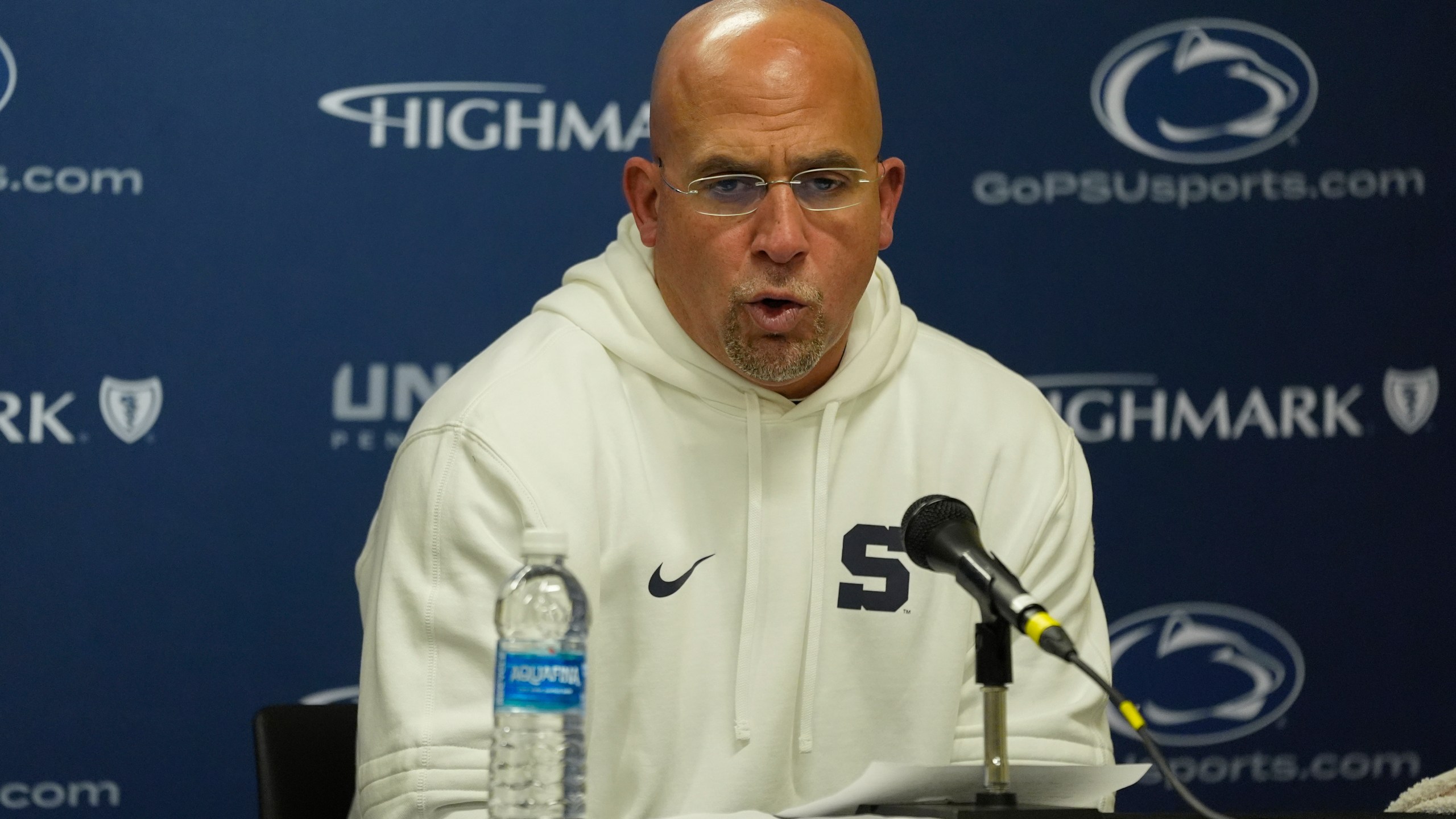 Penn State head coach James Franklin answers questions after a win over Minnesota in an NCAA college football game, Saturday, Nov. 23, 2024, in Minneapolis. (AP Photo/Abbie Parr)