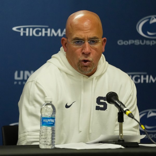 Penn State head coach James Franklin answers questions after a win over Minnesota in an NCAA college football game, Saturday, Nov. 23, 2024, in Minneapolis. (AP Photo/Abbie Parr)