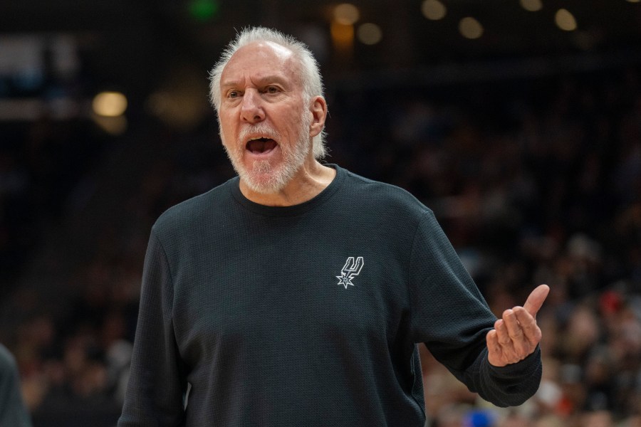 FILE - San Antonio Spurs head coach Gregg Popovich reacts after a call by the official, during the second half of an NBA basketball game, Thursday, Oct. 31, 2024, in Salt Lake City. (AP Photo/Rick Egan, File)