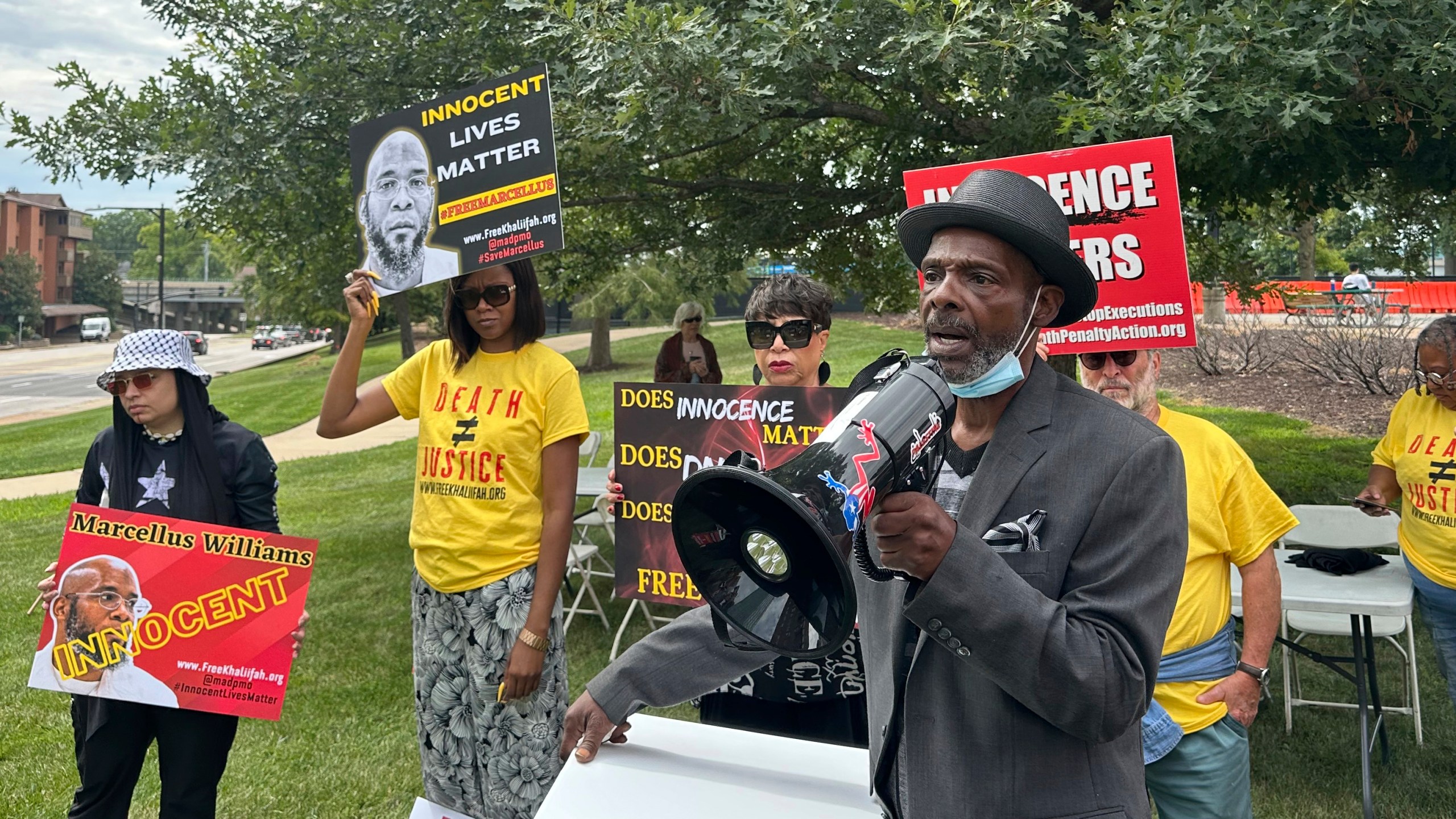 FILE - Joseph Amrine, who was exonerated two decades ago after spending years on death row, speaks at a rally to support Missouri death row inmate Marcellus Williams in Clayton, Mo., on Aug. 21, 2024.(AP Photo/Jim Salter, File)