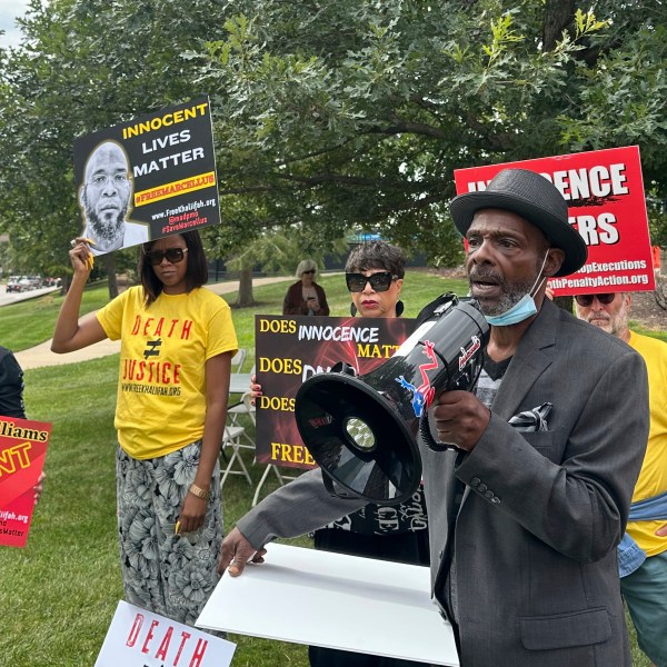 FILE - Joseph Amrine, who was exonerated two decades ago after spending years on death row, speaks at a rally to support Missouri death row inmate Marcellus Williams in Clayton, Mo., on Aug. 21, 2024.(AP Photo/Jim Salter, File)