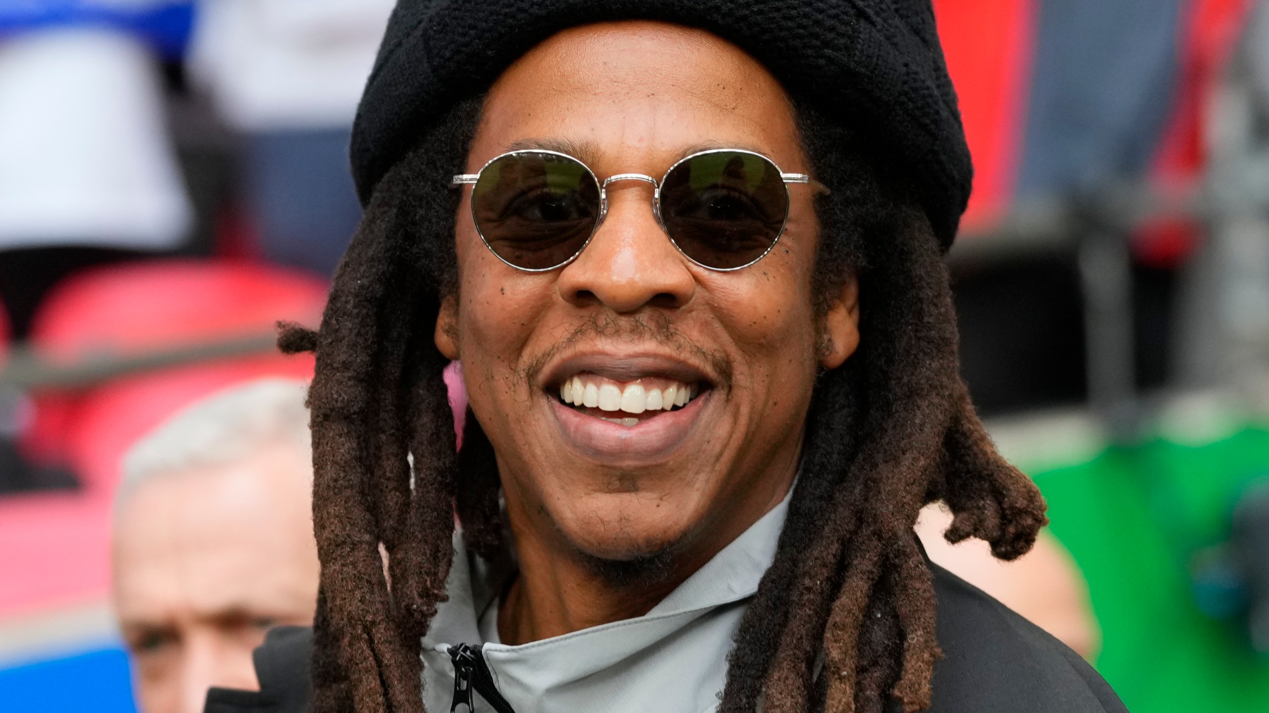 FILE - Jay-Z smiles ahead of the Champions League final soccer match between Borussia Dortmund and Real Madrid at Wembley stadium in London, Saturday, June 1, 2024. (AP Photo/Kirsty Wigglesworth, File)