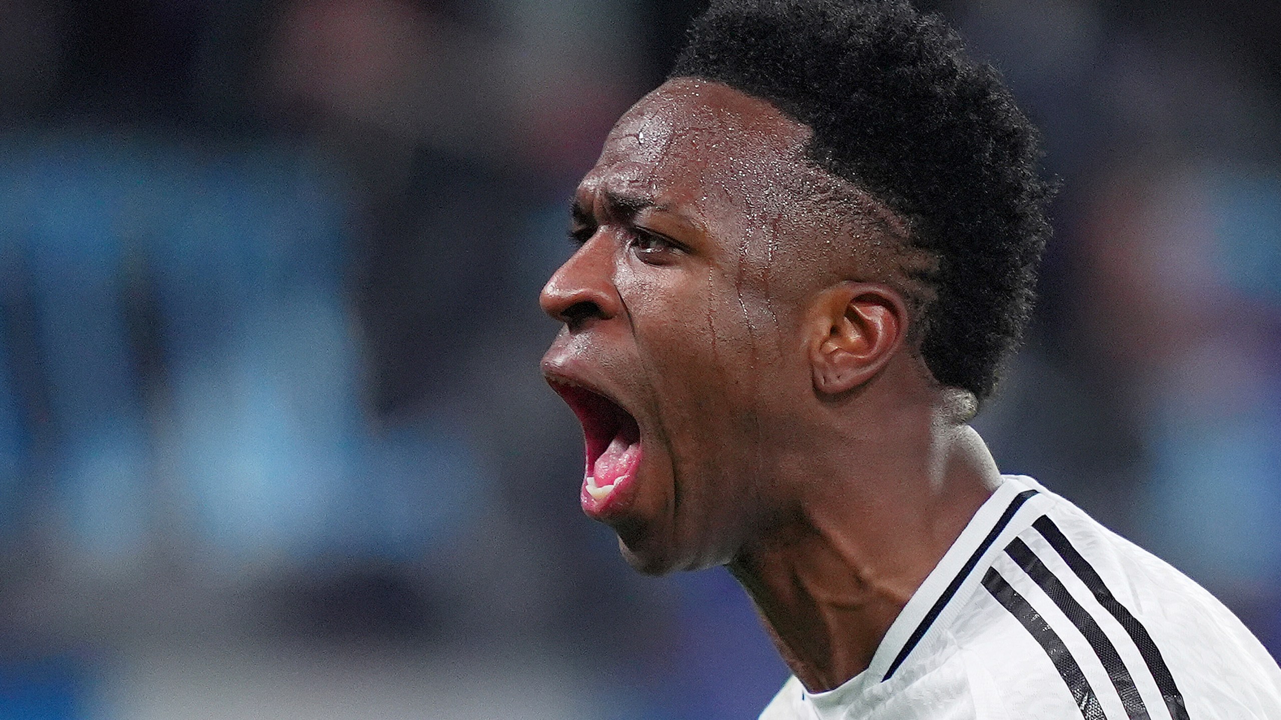 Real Madrid's Vinicius Junior celebrate after scoring during a Champions League opening phase soccer match between Atalanta and Real Madrid at the Bergamo's stadium, in Bergamo, Italy, Tuesday, Dec. 10, 2024. (Spada/LaPresse via AP)