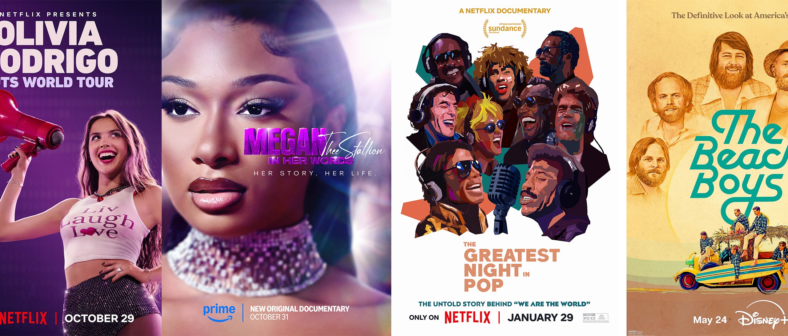 This combination of photos show promotional art for music documentaries, from left, "Olivia Rodrigo: Guts World Tour," "Megan Thee Stallion: In Her Words," "The Greatest Night in Pop," and "The Beach Boys." (Netflix/Prime/Netflix/Disney+ via AP)