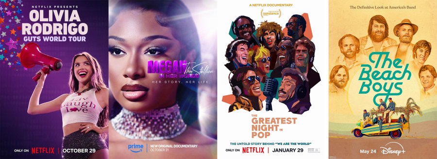 This combination of photos show promotional art for music documentaries, from left, "Olivia Rodrigo: Guts World Tour," "Megan Thee Stallion: In Her Words," "The Greatest Night in Pop," and "The Beach Boys." (Netflix/Prime/Netflix/Disney+ via AP)