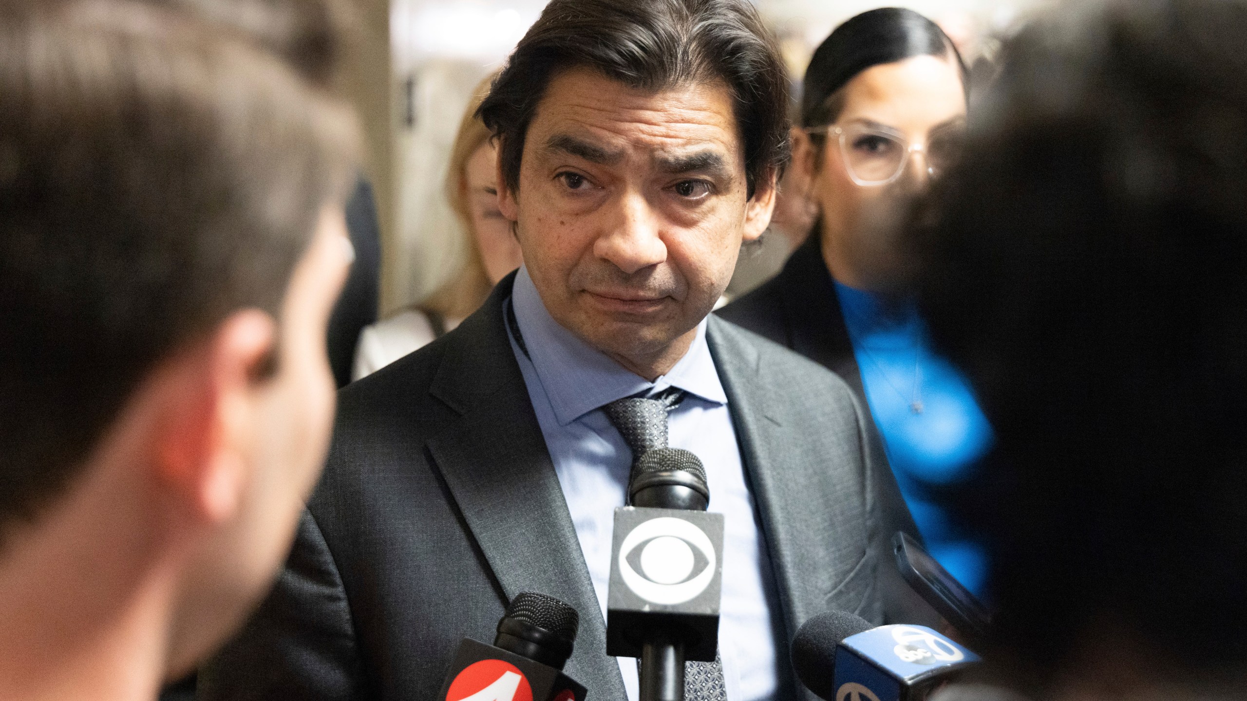 Attorney Tony Brass makes remarks at the Hall of Justice during the murder trial of Nima Momeni Tuesday, Dec. 17, 2024, in San Francisco. (AP Photo/Benjamin Fanjoy)