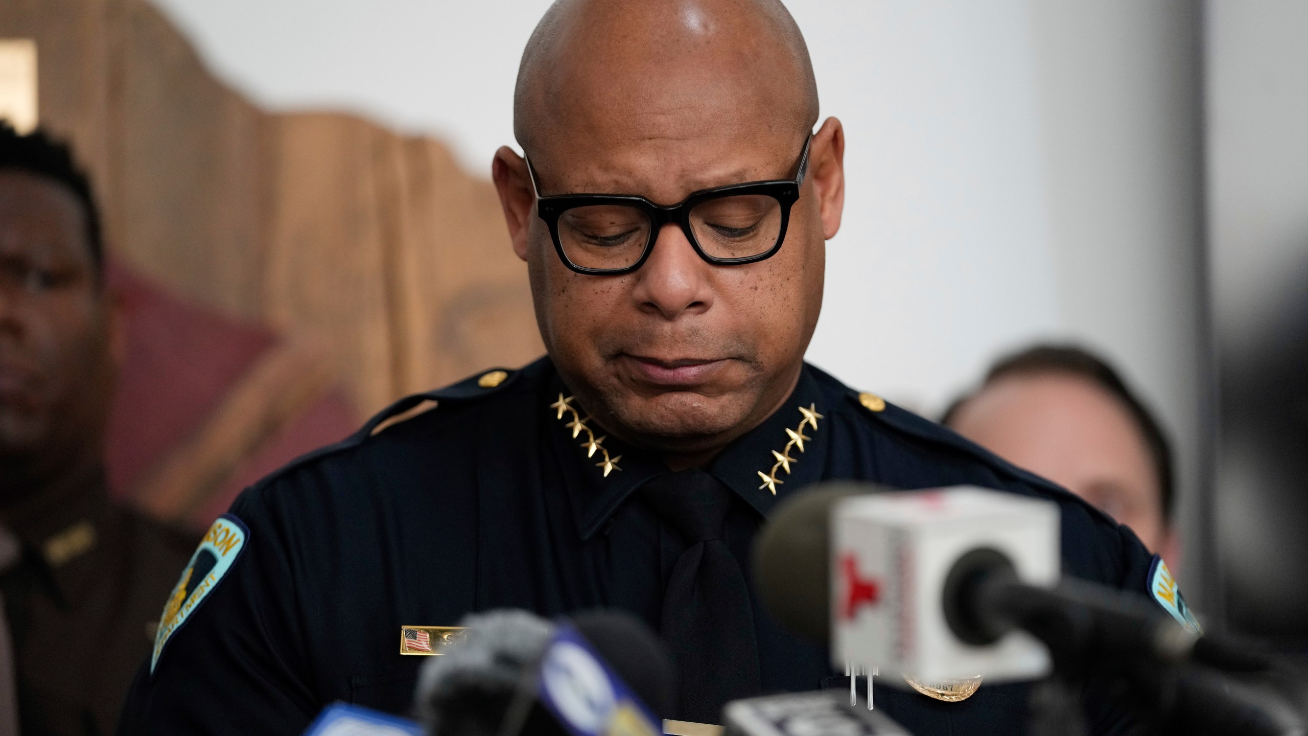 Madison Police chief Shon F. Barnes speaks at a news conference Tuesday, Dec. 17, 2024, in Madison, Wis., following a shooting at the Abundant Life Christian School on Monday. (AP Photo/Nam Y. Huh)