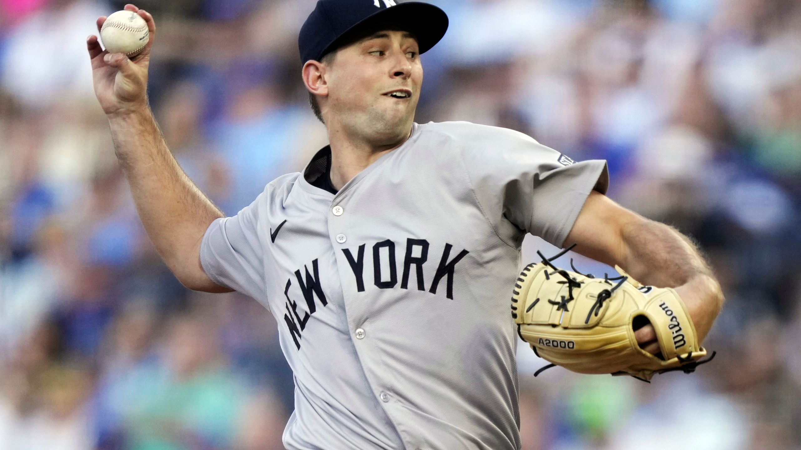 FILE - New York Yankees starting pitcher Cody Poteet throws during the first inning of a baseball game against the Kansas City Royals Wednesday, June 12, 2024, in Kansas City, Mo. (AP Photo/Charlie Riedel, File)