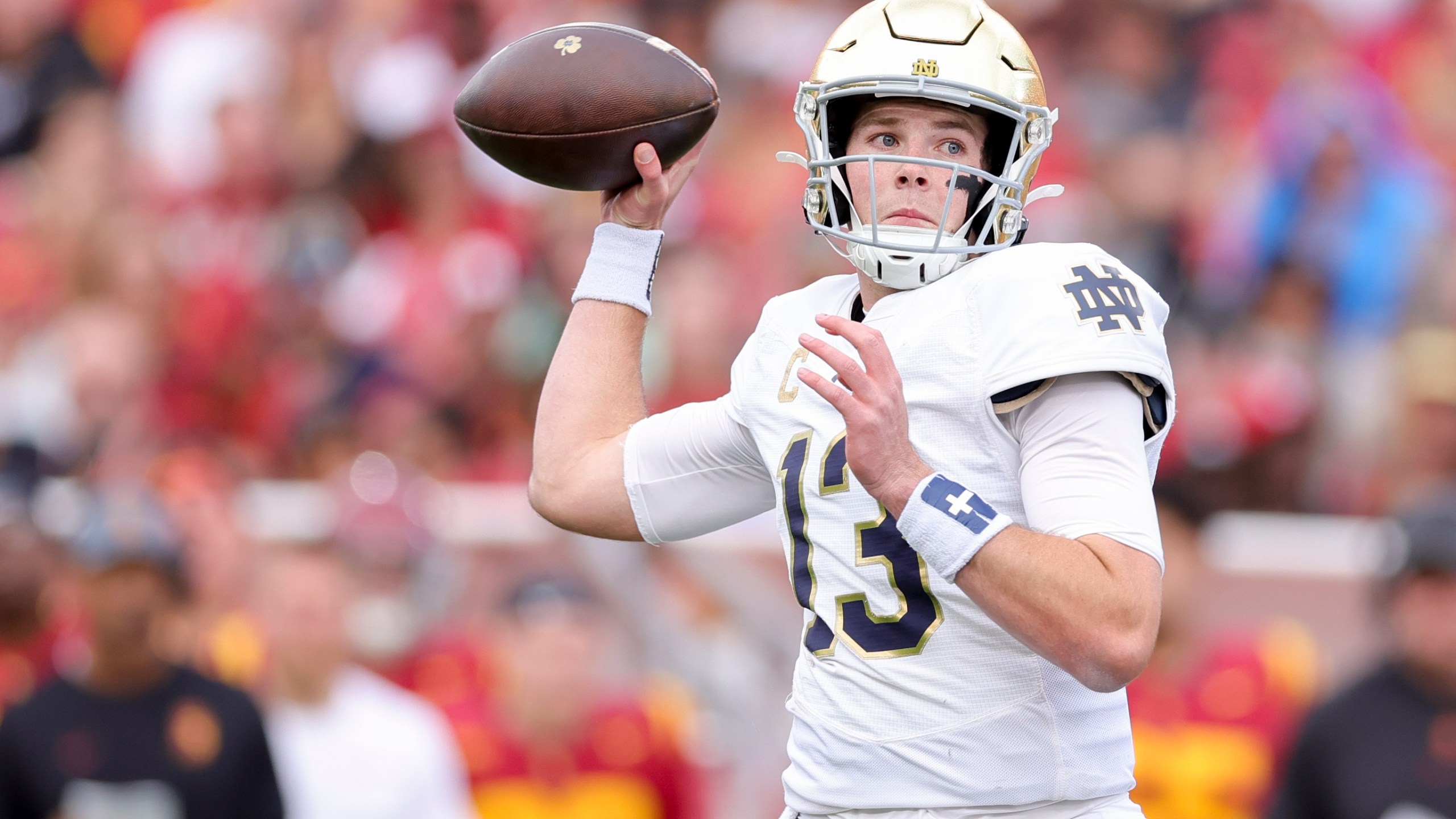 Notre Dame quarterback Riley Leonard throws during the first half of an NCAA college football game against Southern California, Saturday, Nov. 30, 2024, in Los Angeles. (AP Photo/Ryan Sun)