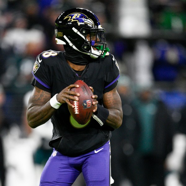 Baltimore Ravens quarterback Lamar Jackson looks to pass against the Philadelphia Eagles during the first half of an NFL football game, Sunday, Dec. 1, 2024, in Baltimore. (AP Photo/Nick Wass)