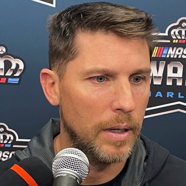 NASCAR auto racing driver Denny Hamlin speaks ahead of the NASCAR awards ceremony in Charlotte N.C., Friday, Nov. 22, 2024. (AP Photo/Steve Reed)