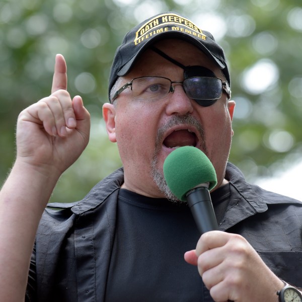 FILE - Stewart Rhodes, founder of the Oath Keepers, speaks during a rally outside the White House in Washington, June 25, 2017. (AP Photo/Susan Walsh, File)