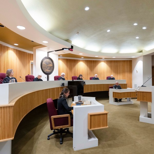 FILE - Dale Schowengerdt, representing Montana Gov. Greg Gianforte and state environmental agencies, argues before the Montana Supreme Court, on July 10, 2024, in Helena, Mont., in the youth climate lawsuit Held v. Montana. (Thom Bridge/Independent Record via AP, File)