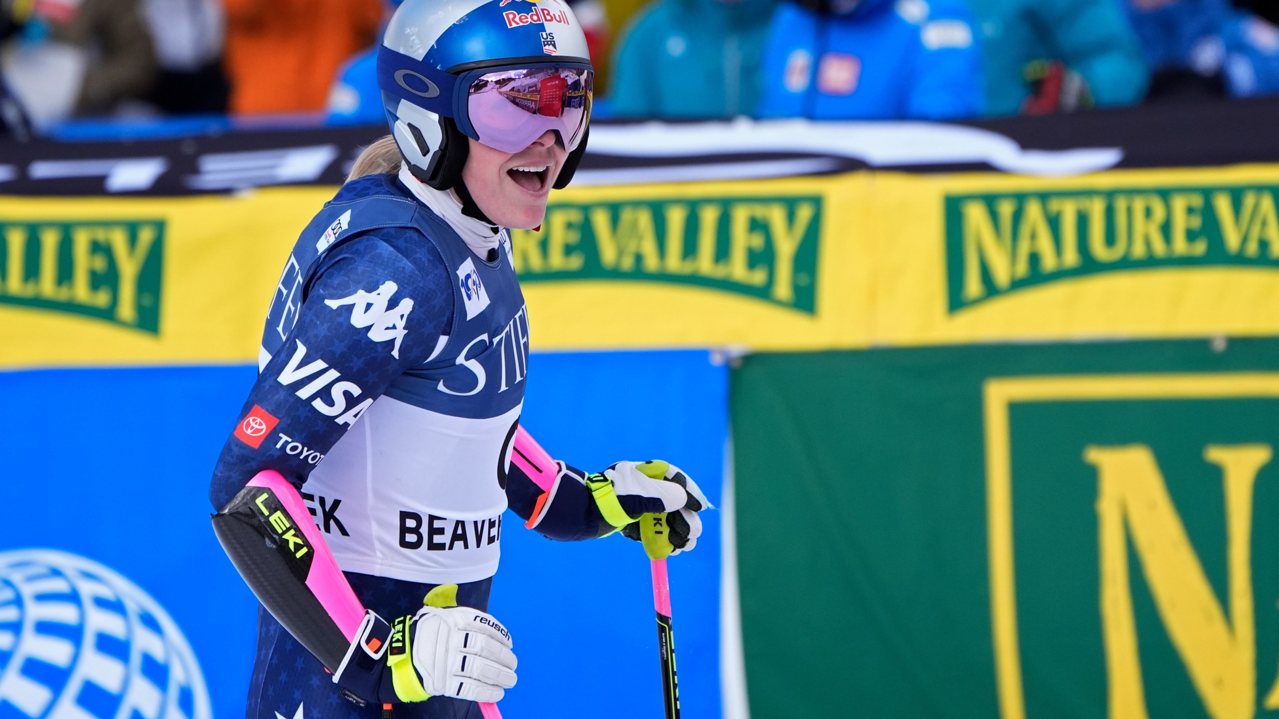 Forerunner Lindsey Vonn finishes a run before a women's World Cup super-G ski race, Sunday, Dec. 15, 2024, in Beaver Creek, Colo. (AP Photo/John Locher)