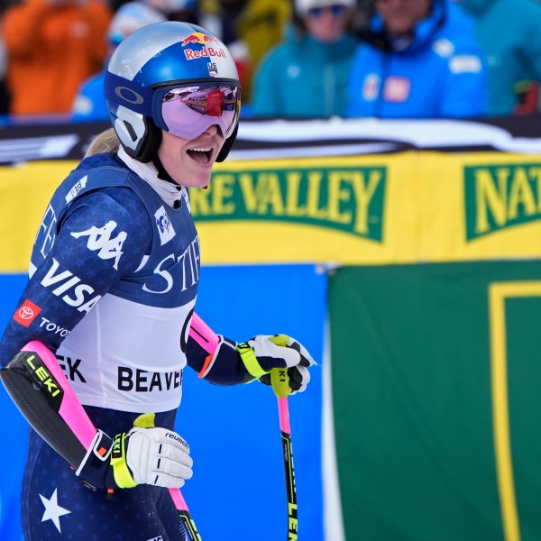 Forerunner Lindsey Vonn finishes a run before a women's World Cup super-G ski race, Sunday, Dec. 15, 2024, in Beaver Creek, Colo. (AP Photo/John Locher)