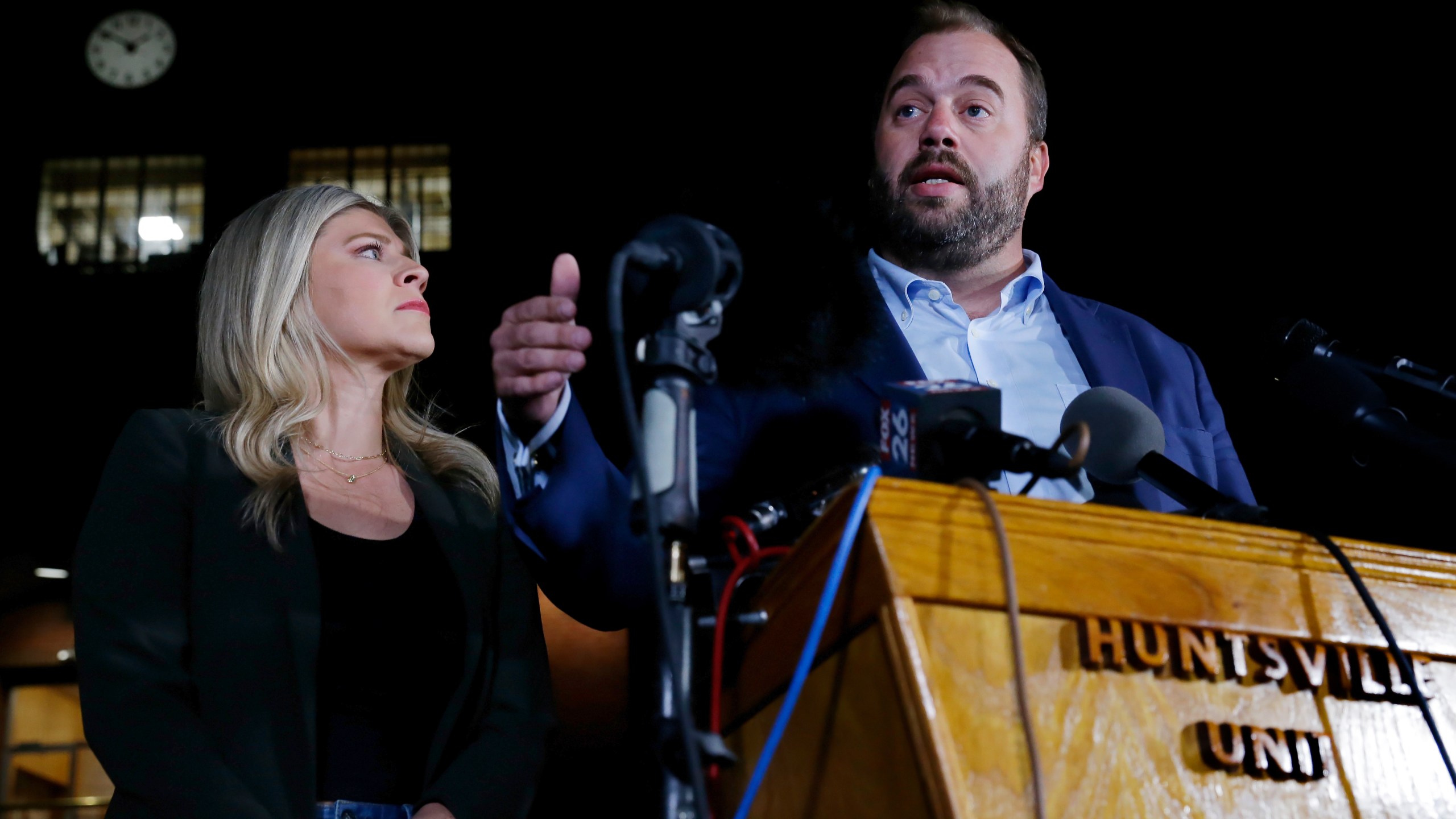 FILE - Texas state representatives Lacey Hull, left, and John Bucy III comment during a press conference after the stay granted by the Texas Supreme Court to halt the execution of Robert Roberson, at the Huntsville Unit of the Texas State Penitentiary, Thursday, Oct. 17, 2024, in Huntsville, Texas. (AP Photo/Michael Wyke, File)