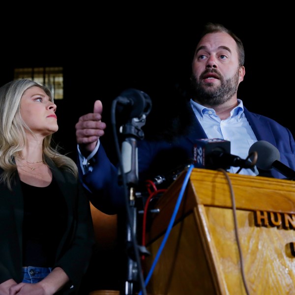 FILE - Texas state representatives Lacey Hull, left, and John Bucy III comment during a press conference after the stay granted by the Texas Supreme Court to halt the execution of Robert Roberson, at the Huntsville Unit of the Texas State Penitentiary, Thursday, Oct. 17, 2024, in Huntsville, Texas. (AP Photo/Michael Wyke, File)