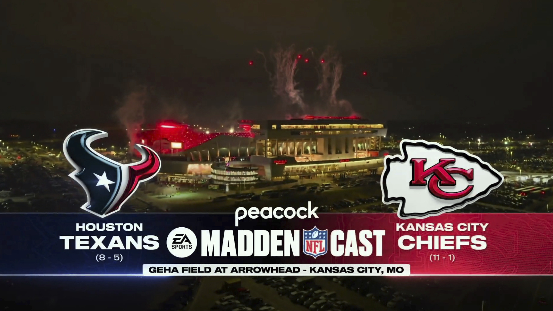 This image provided by NBC shows graphics from the Madden video game that will be used during NBC Sports presentation of the Madden NFL alternate broadcast on Peacock for the Saturday, Dec. 21, 2024, game between the Houston Texans and Kansas City Chiefs. This is the first time NBC is doing an alternate broadcast of an NFL game. (NBC via AP)