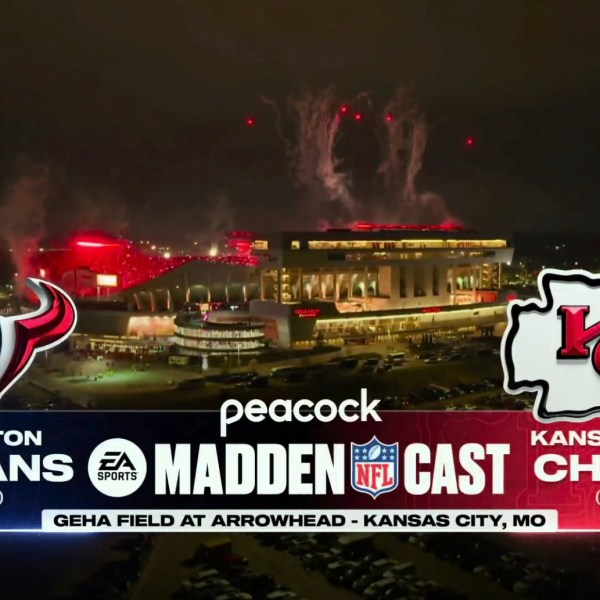 This image provided by NBC shows graphics from the Madden video game that will be used during NBC Sports presentation of the Madden NFL alternate broadcast on Peacock for the Saturday, Dec. 21, 2024, game between the Houston Texans and Kansas City Chiefs. This is the first time NBC is doing an alternate broadcast of an NFL game. (NBC via AP)