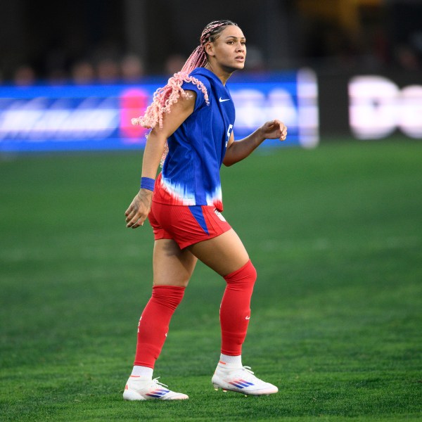 FILE - United States forward Trinity Rodman plays in the first half of an international friendly soccer match against Costa Rica, in Washington, July 16, 2024. (AP Photo/Nick Wass, File)