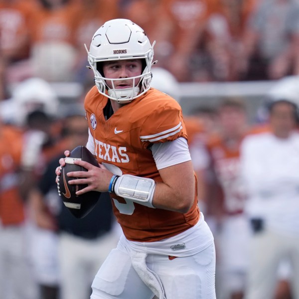 FILE - Texas quarterback Quinn Ewers (3) looks to pass against UTSA during the first half of an NCAA college football game in Austin, Texas, Saturday, Sept. 14, 2024. (AP Photo/Eric Gay, File)