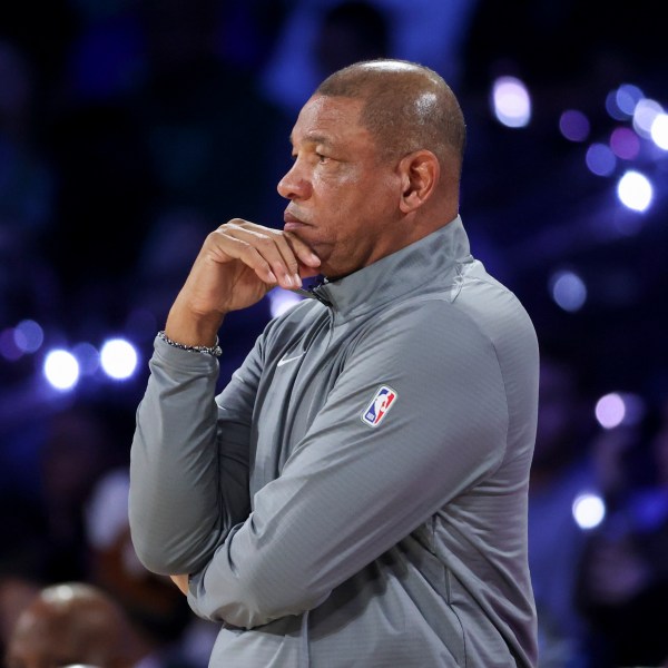 Milwaukee Bucks head coach Doc Rivers watches his team play during the first half of the championship game against the Oklahoma City Thunder in the NBA Cup basketball tournament Tuesday, Dec. 17, 2024, in Las Vegas. (AP Photo/Ian Maule)