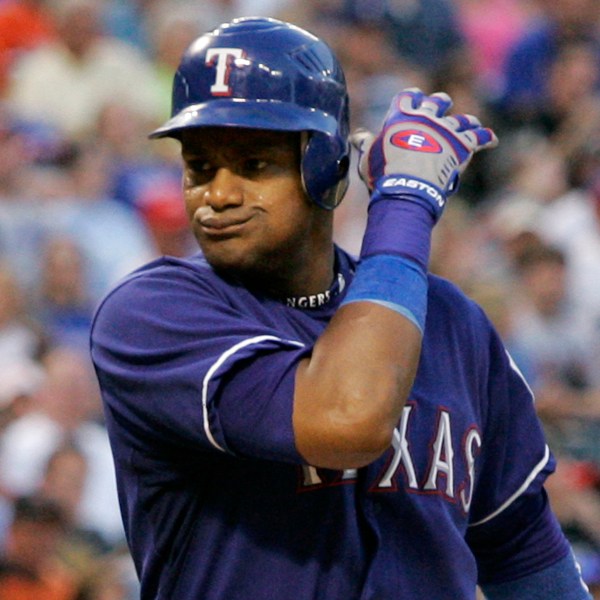 FILE - Texas Rangers' Sammy Sosa reacts to striking out against Baltimore Orioles pitcher Jeremy Guthrie in the third inning of a baseball game in Arlington, Texas, Friday, July 6, 2007. (AP Photo/Tony Gutierrez, File)