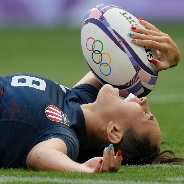 FILE 0- United States' Alex Sedrick reacts after scoring the winning try during the women's bronze medal Rugby Sevens match between the United States and Australia at the 2024 Summer Olympics, in the Stade de France, in Saint-Denis, France, Tuesday, July 30, 2024.. (AP Photo/Vadim Ghirda, File)