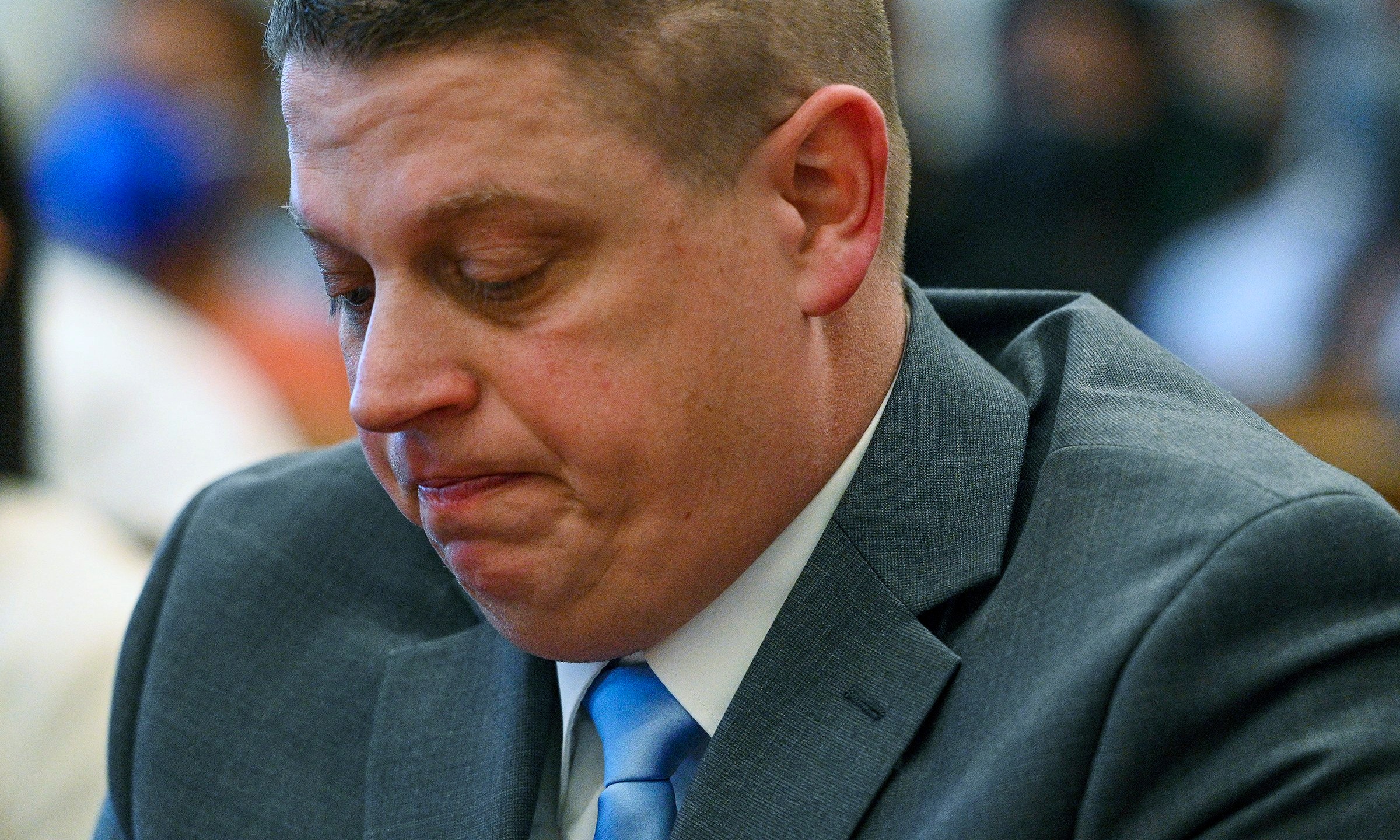 FILE - Former Kansas City police detective Eric DeValkenaere listens to witness statements during his sentencing hearing, March 4, 2022, in Kansas City, Mo. (Jill Toyoshiba/The Kansas City Star via AP, File)