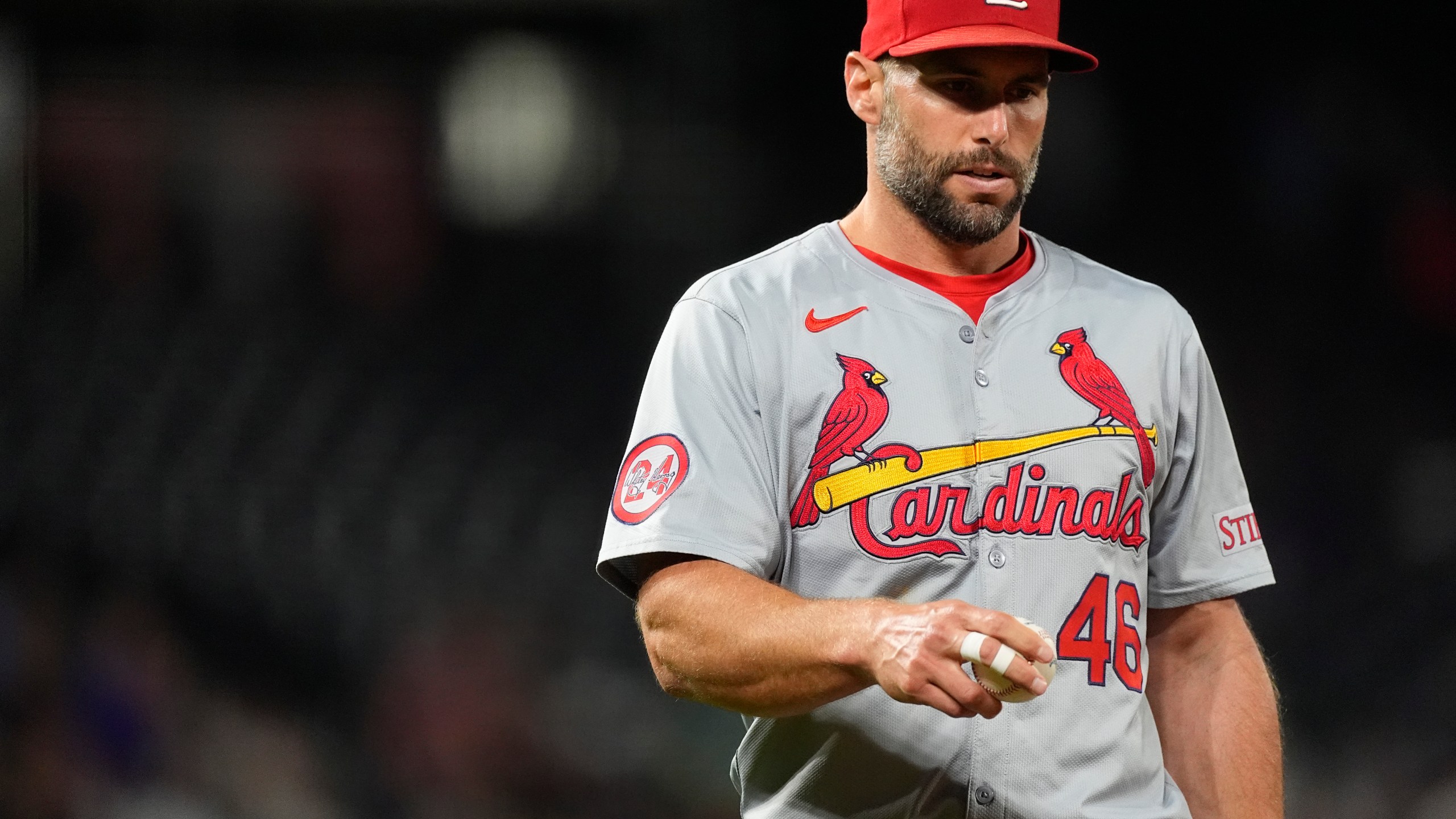 FILE - St. Louis Cardinals first baseman Paul Goldschmidt (46) in the fifth inning of a baseball game Tuesday, Sept. 24, 2024, in Denver. (AP Photo/David Zalubowski, File)