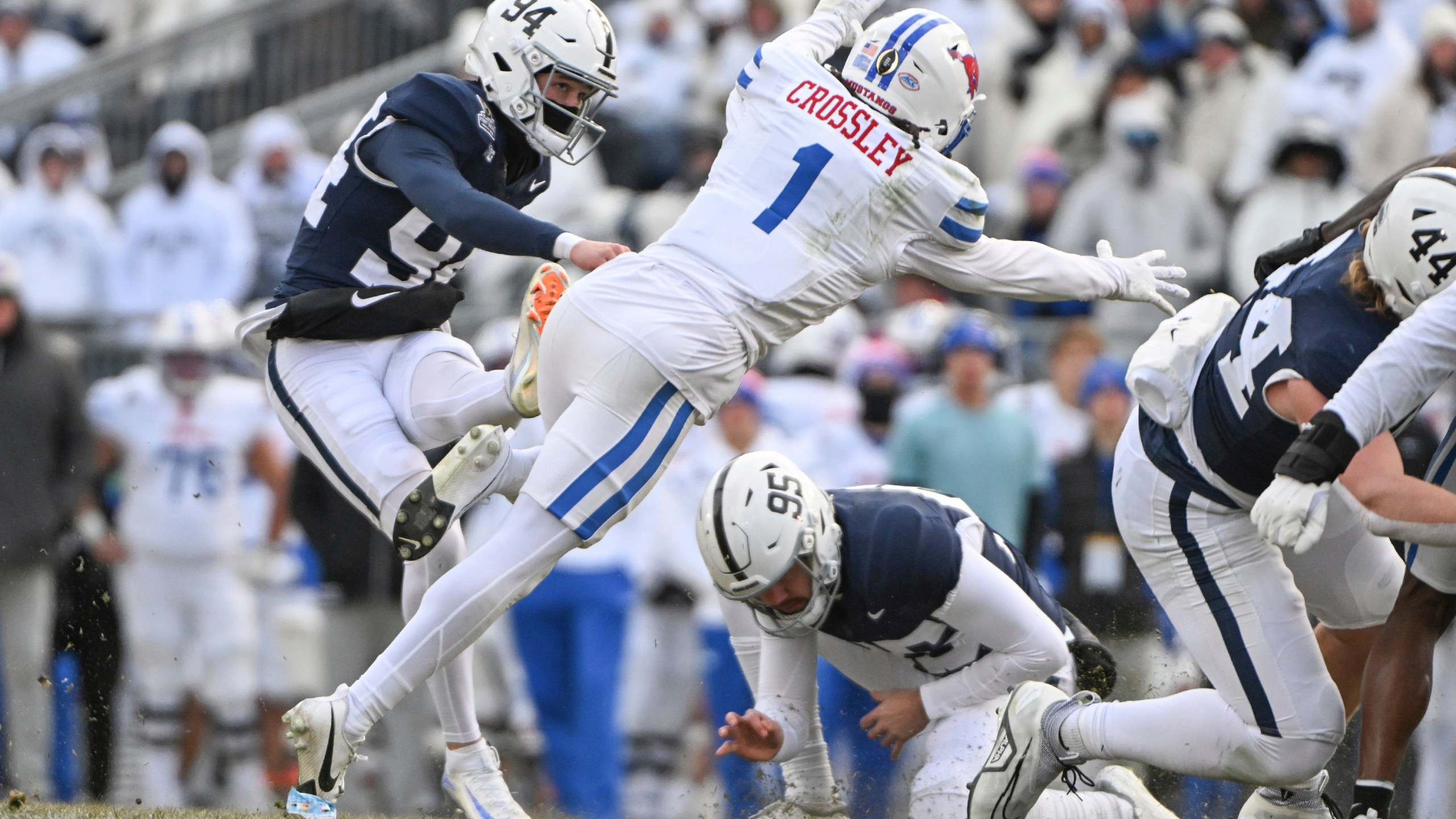 Penn State kicker Ryan Barker (94) kicks a field goal during the second half against SMU in the first round of the NCAA College Football Playoff, Saturday, Dec. 21, 2024, in State College, Pa. (AP Photo/Barry Reeger)