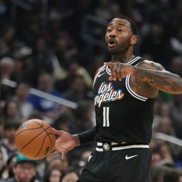 FILE - Los Angeles Clippers guard John Wall dribbles during an NBA basketball game against the Denver Nuggets Friday, Jan. 13, 2023, in Los Angeles. (AP Photo/Marcio Jose Sanchez, File)