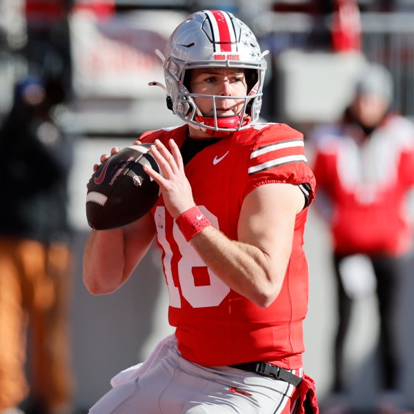 Ohio State quarterback Will Howard looks for an open receiver against Michigan during the first half of an NCAA college football game Saturday, Nov. 30, 2024, in Columbus, Ohio. (AP Photo/Jay LaPrete)