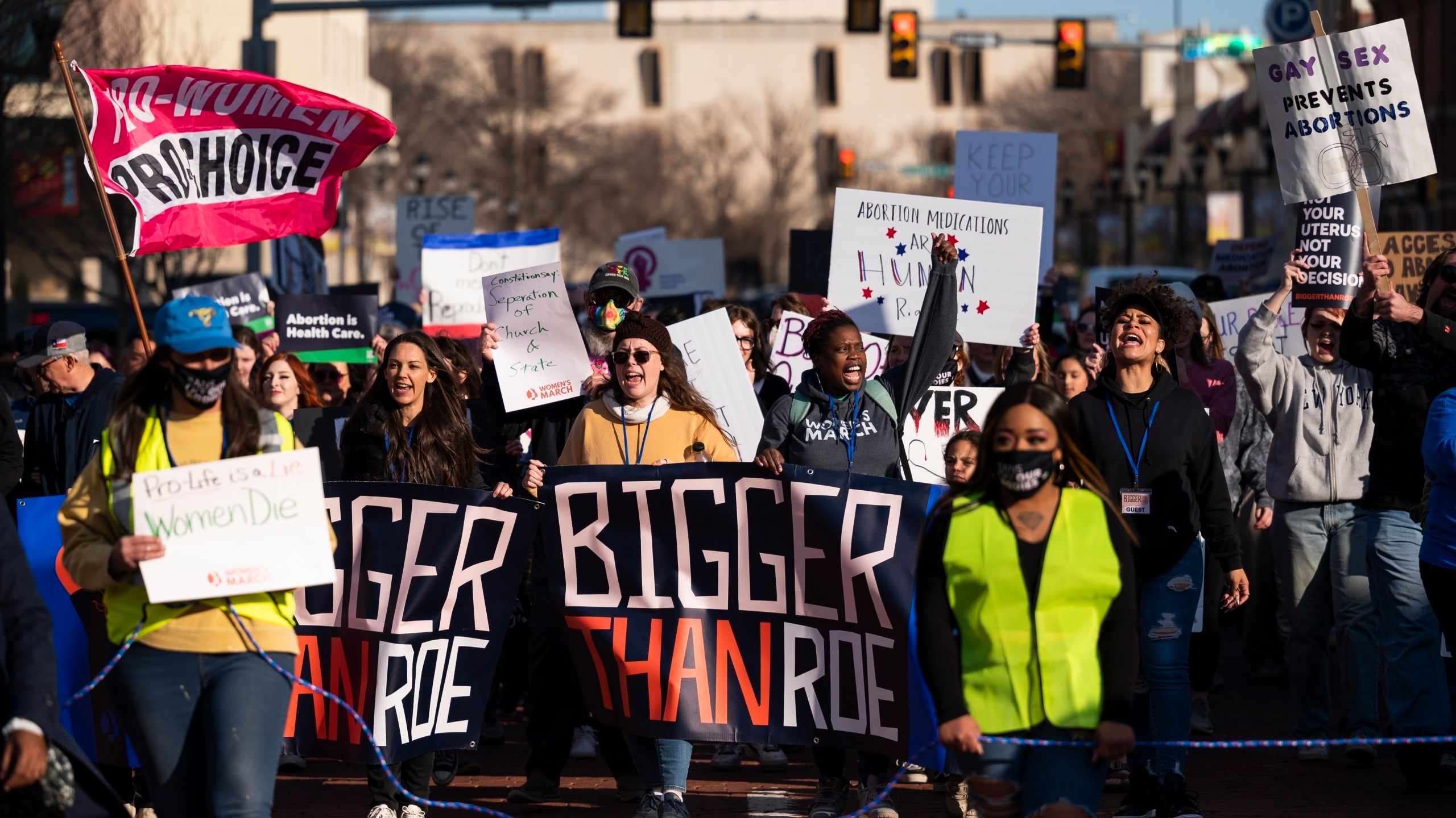 FILE - People march through downtown Amarillo to protest a lawsuit to ban the abortion drug mifepristone, Feb. 11, 2023, in Amarillo, Texas. (AP Photo/Justin Rex, File)