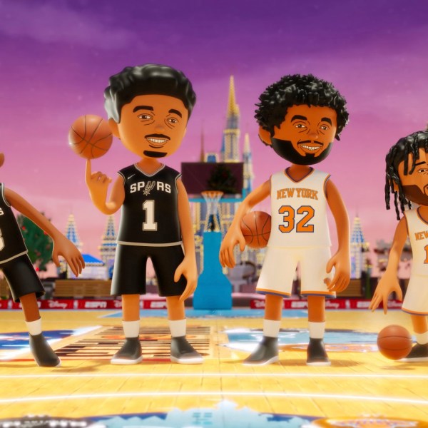 This illustration released by ESPN shows from left, San Antonio Spurs' Chris Paul (3), Victor Wembanyama (1), and New York Knicks' Karl-Anthony Towns (32) and Jalen Brunson (11), before an animated Christmas Day basketball game at Walt Disney World, featuring Mickey Mouse, Minnie Mouse and Goofy. (ESPN via AP)