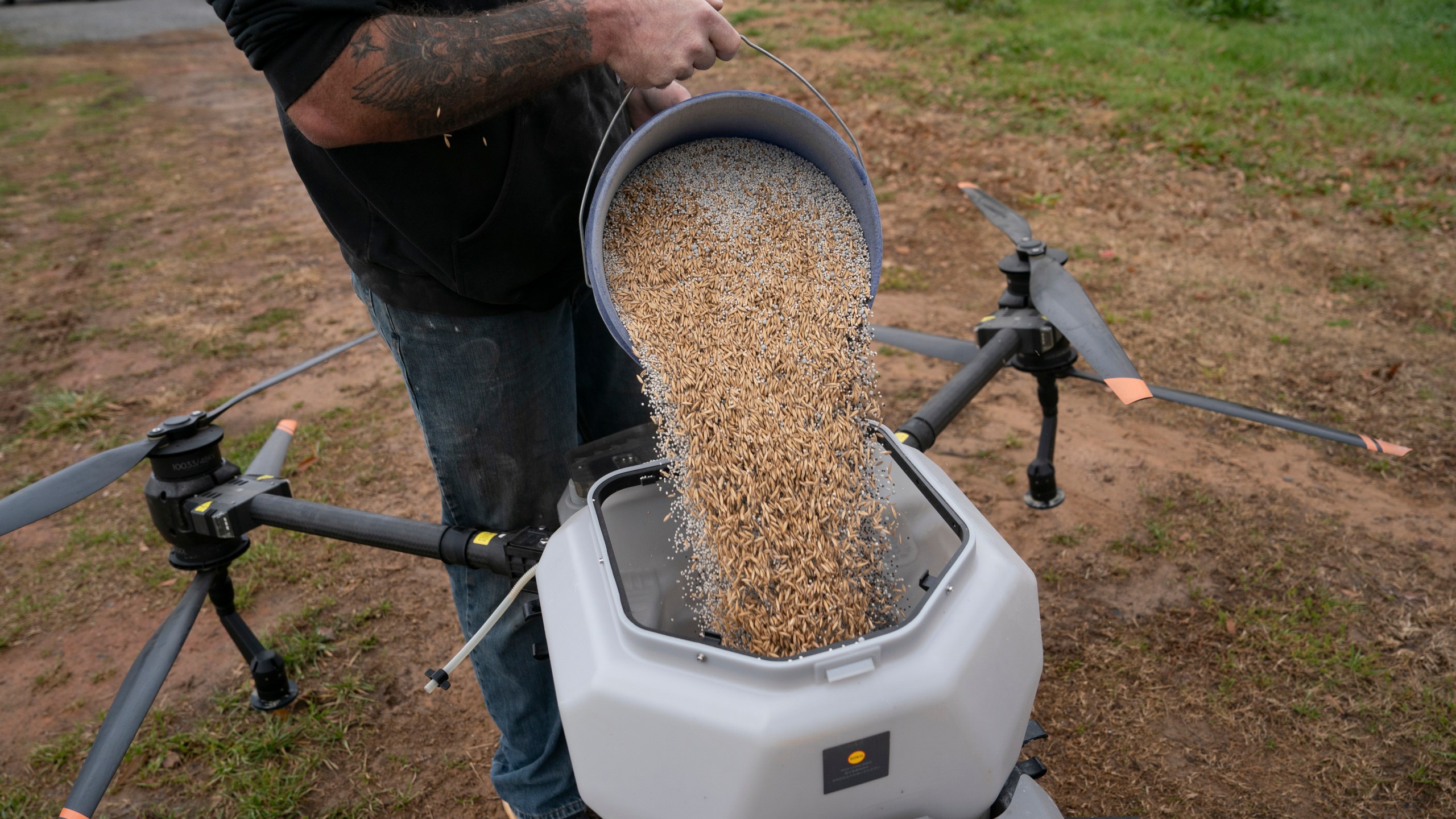 Russell Hedrick prepares a DJI drone to put crop cover on his farm, Tuesday, Dec. 17, 2024, in Hickory, N.C. (AP Photo/Allison Joyce)