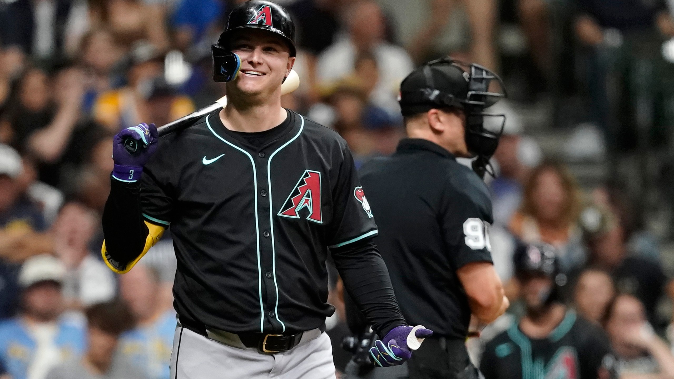 FILE - Arizona Diamondbacks' Joc Pederson smiles while at bat during the third inning of a baseball game against the Milwaukee Brewers, Sept. 21, 2024, in Milwaukee. (AP Photo/Aaron Gash, File)