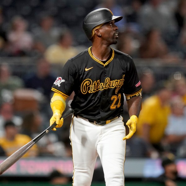 FILE - Pittsburgh Pirates' Andrew McCutchen watches his three-run home run during the fifth inning of a baseball game against the Miami Marlins, Tuesday, Sept. 10, 2024, in Pittsburgh. (AP Photo/Matt Freed, File)