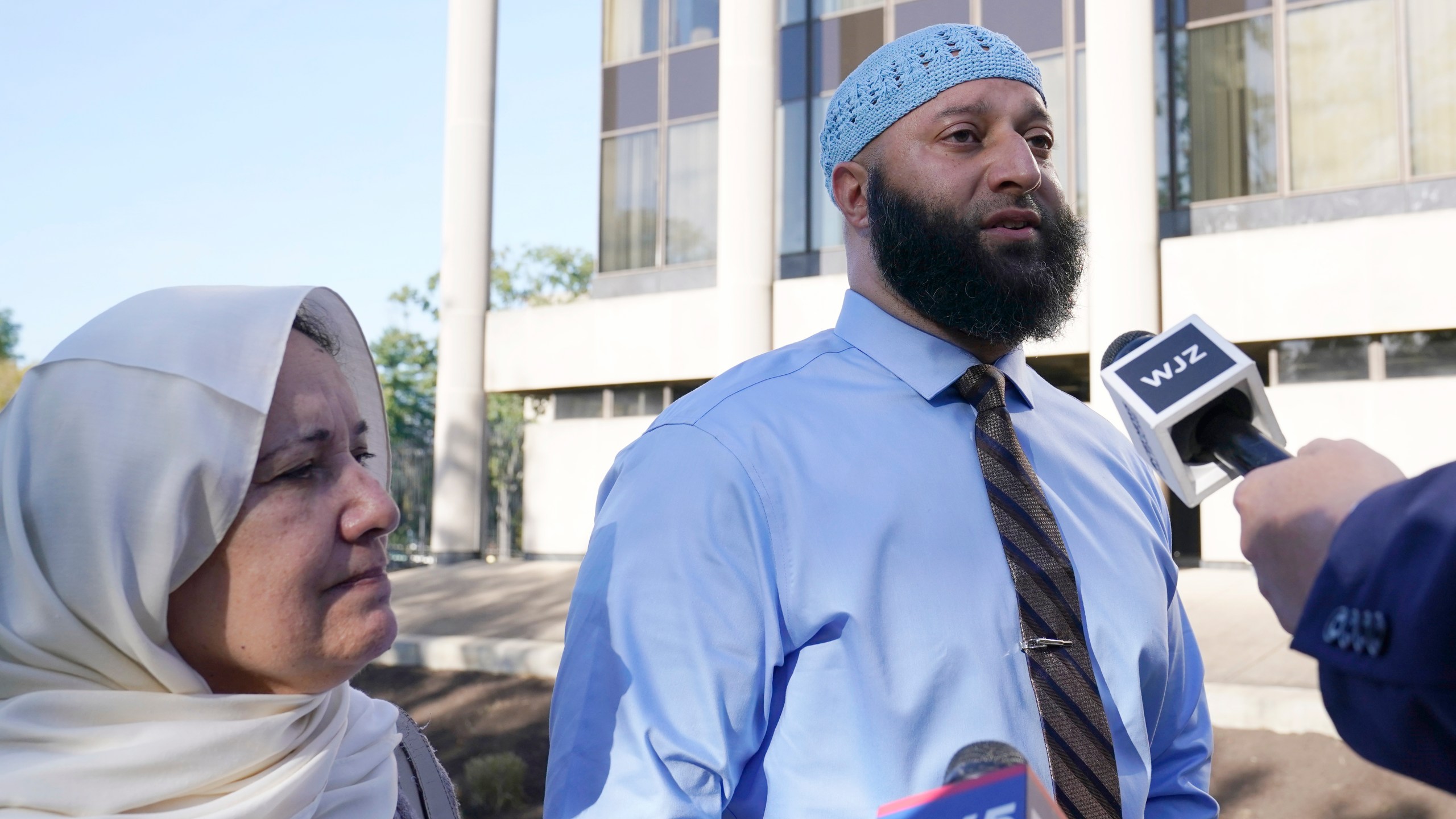 FILE - Adnan Syed and his mother, Shamim Rahman, talk with reporters as they arrive at Maryland's Supreme Court in Annapolis, Md., Thursday, Oct. 5, 2023, to hear arguments in an appeal by Syed, whose conviction for killing his ex-girlfriend more than 20 years ago was chronicled in the hit podcast "Serial." (AP Photo/Susan Walsh, File)