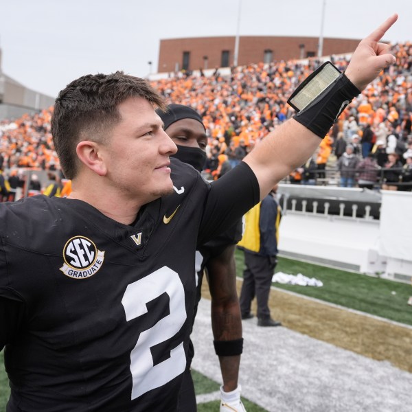 Vanderbilt quarterback Diego Pavia (2) waves to fans as he leaves the field after an NCAA college football game against Tennessee Saturday, Nov. 30, 2024, in Nashville, Tenn. Tennessee won 36-23. (AP Photo/George Walker IV)