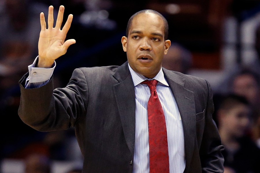 FILE - Fairfield head coach Sydney Johnson during the first half of an NCAA college basketball game against Louisville in the semifinal round of the Basketball Hall of Fame Tip-Off tournament at Mohegan Sun Arena in Uncasville, Conn., Nov. 23, 2013. (AP Photo/Michael Dwyer, File)