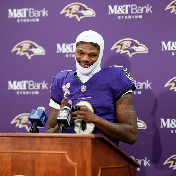 Baltimore Ravens quarterback Lamar Jackson talks to reporters following an NFL football game against the Pittsburgh Steelers, Saturday, Dec. 21, 2024, in Baltimore. The Ravens won 34-17. (AP Photo/Nick Wass)