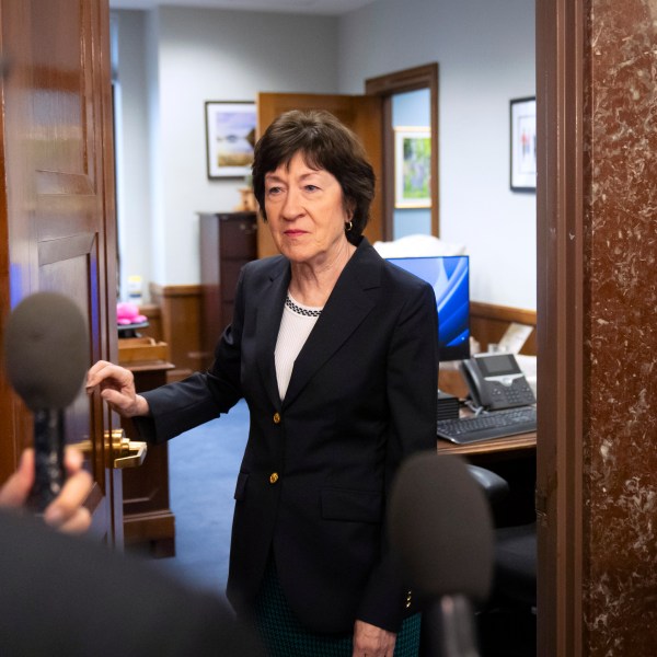 Sen. Susan Collins, R-Maine, speaks with reporters after meeting with Pete Hegseth, President-elect Donald Trump's choice to be defense secretary, on Capitol Hill, Wednesday, Dec. 11, 2024, in Washington. (AP Photo/Mark Schiefelbein)